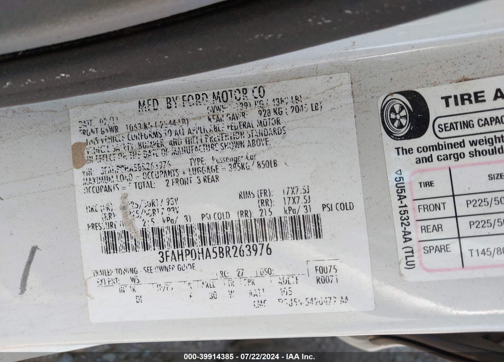 2011 FORD FUSION SE VIN: 3FAHP0HA5BR263976