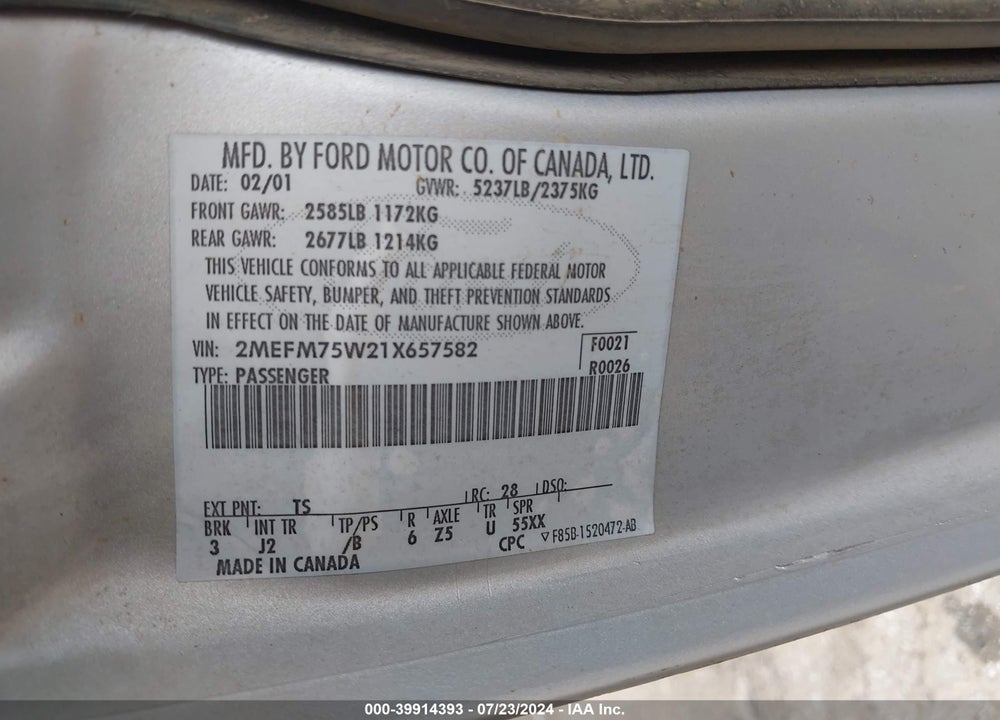 2001 MERCURY GRAND MARQUIS LS VIN: 2MEFM75W21X657582