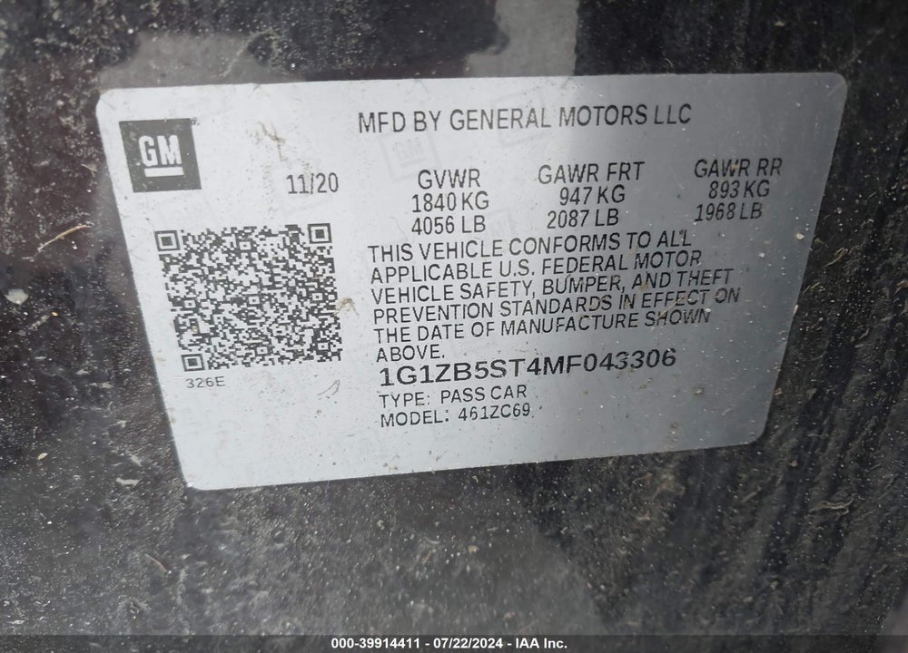 2021 CHEVROLET MALIBU FWD LS VIN: 1G1ZB5ST4MF043306