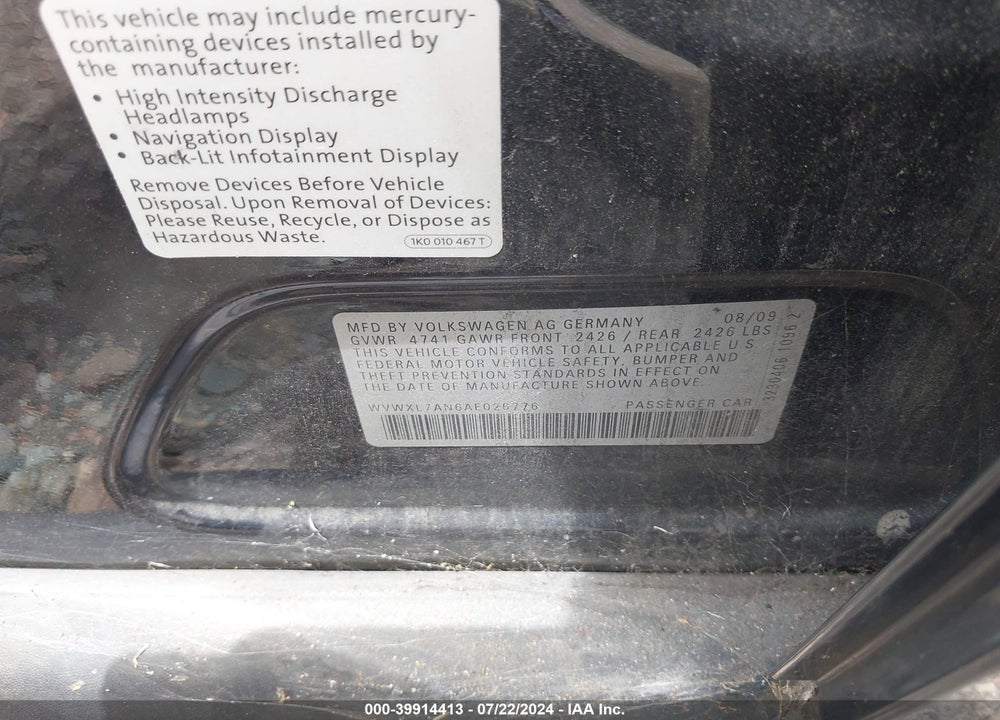 2010 VOLKSWAGEN PASSAT KOMFORT VIN: WVWXL7AN6AE026776
