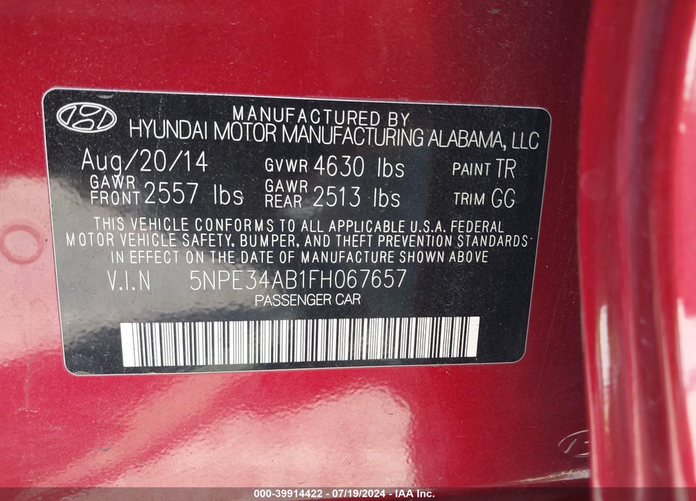 2015 HYUNDAI SONATA SPORT 2.0T VIN: 5NPE34AB1FH067657