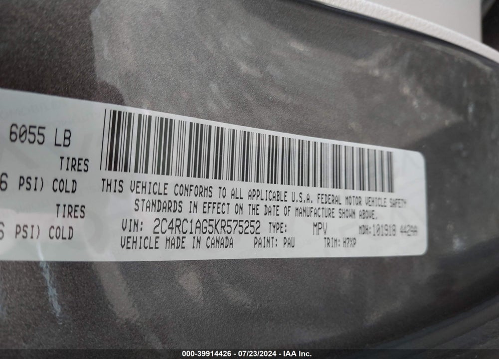 2019 CHRYSLER PACIFICA L VIN: 2C4RC1AG5KR575252