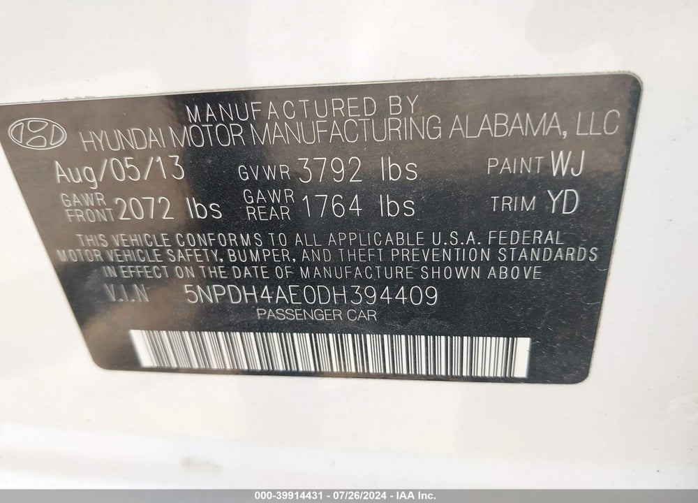 2013 HYUNDAI ELANTRA GLS VIN: 5NPDH4AE0DH394409