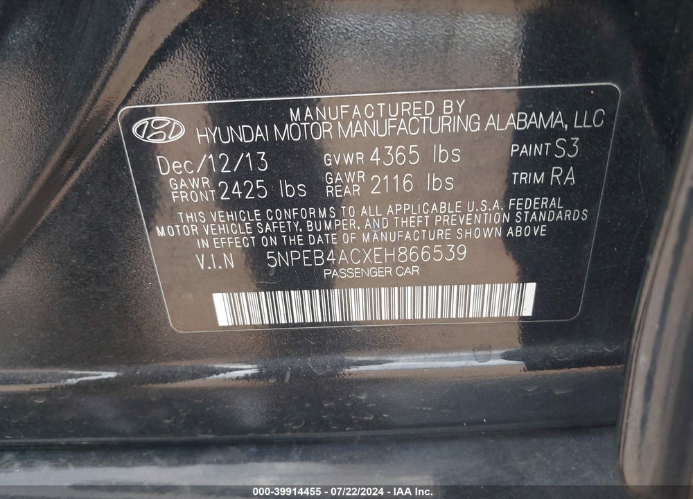 2014 HYUNDAI SONATA GLS VIN: 5NPEB4ACXEH866539