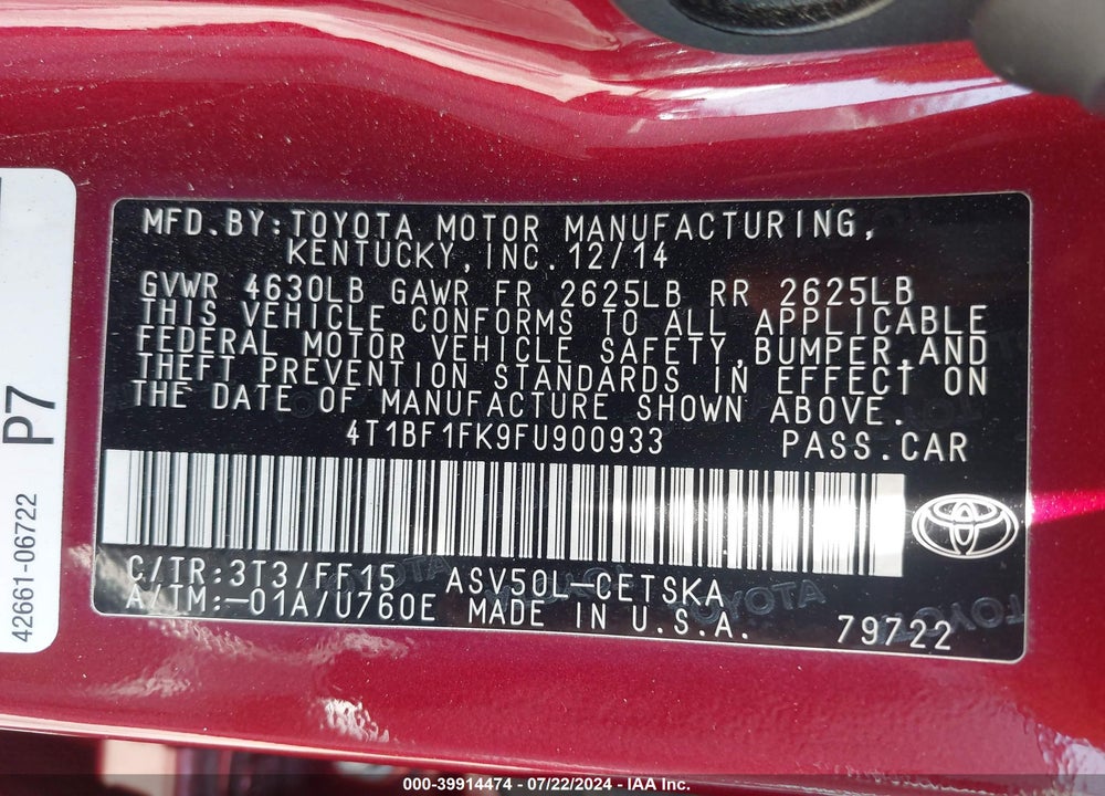 2015 TOYOTA CAMRY SE VIN: 4T1BF1FK9FU900933
