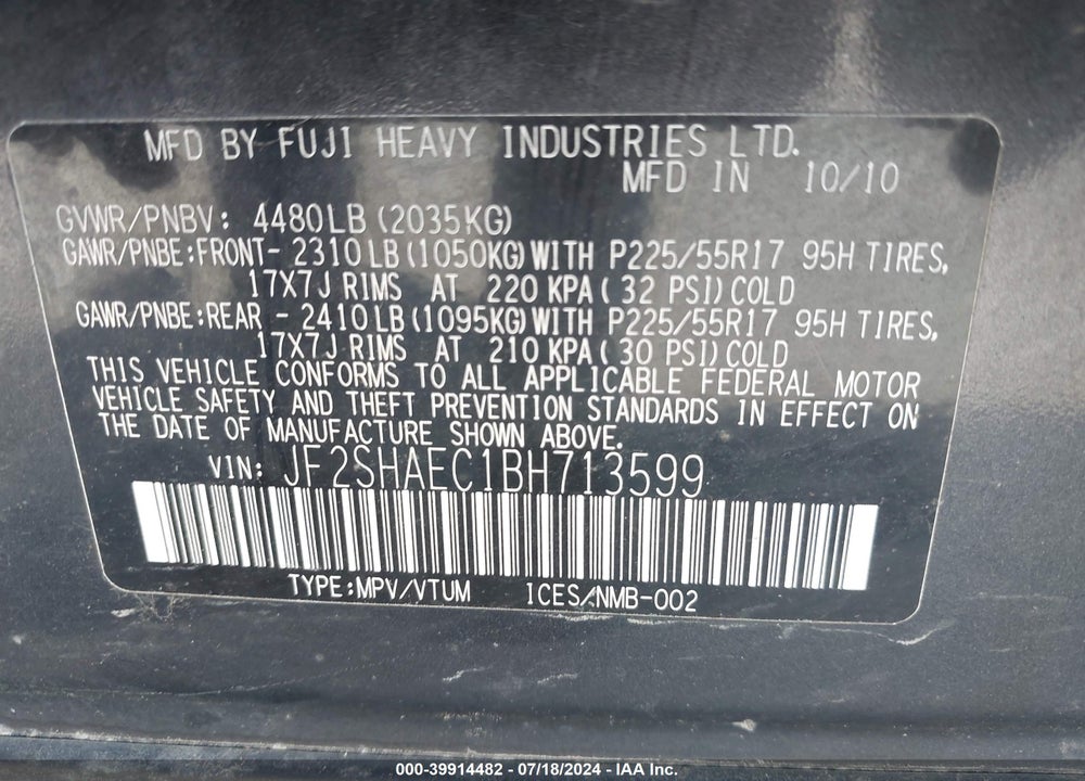 2011 SUBARU FORESTER 2.5X LIMITED VIN: JF2SHAEC1BH713599