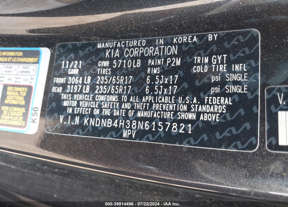 2022 KIA CARNIVAL MPV LX SEAT PACKAGE VIN: KNDNB4H38N6157821