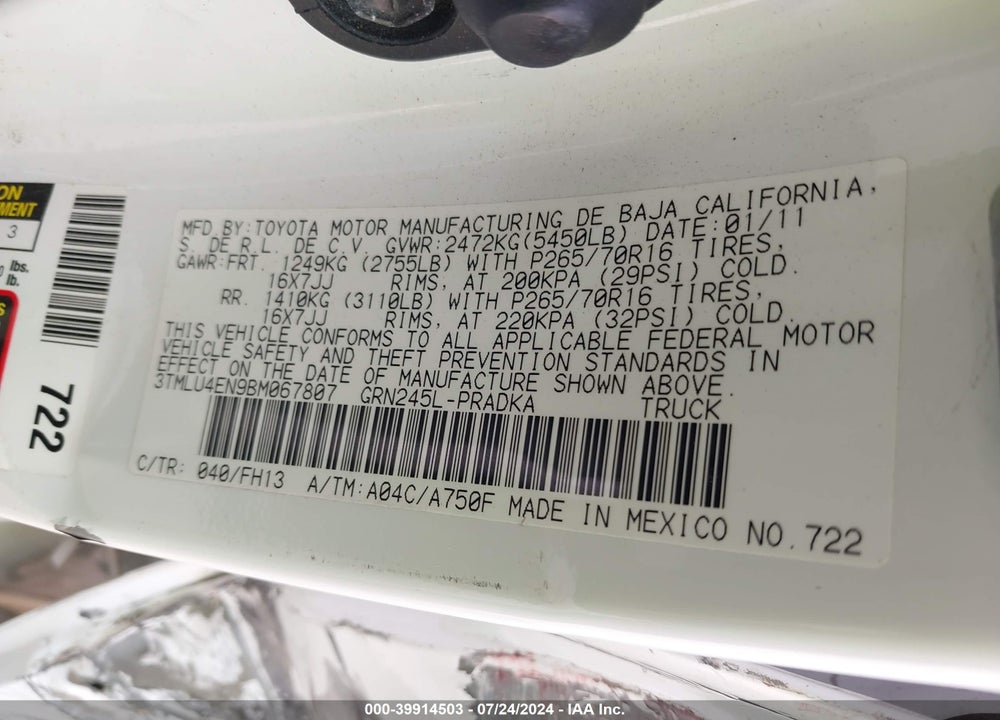 2011 TOYOTA TACOMA BASE V6 VIN: 3TMLU4EN9BM067807