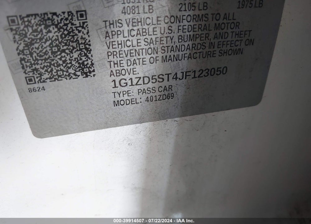 2018 CHEVROLET MALIBU LT VIN: 1G1ZD5ST4JF123050