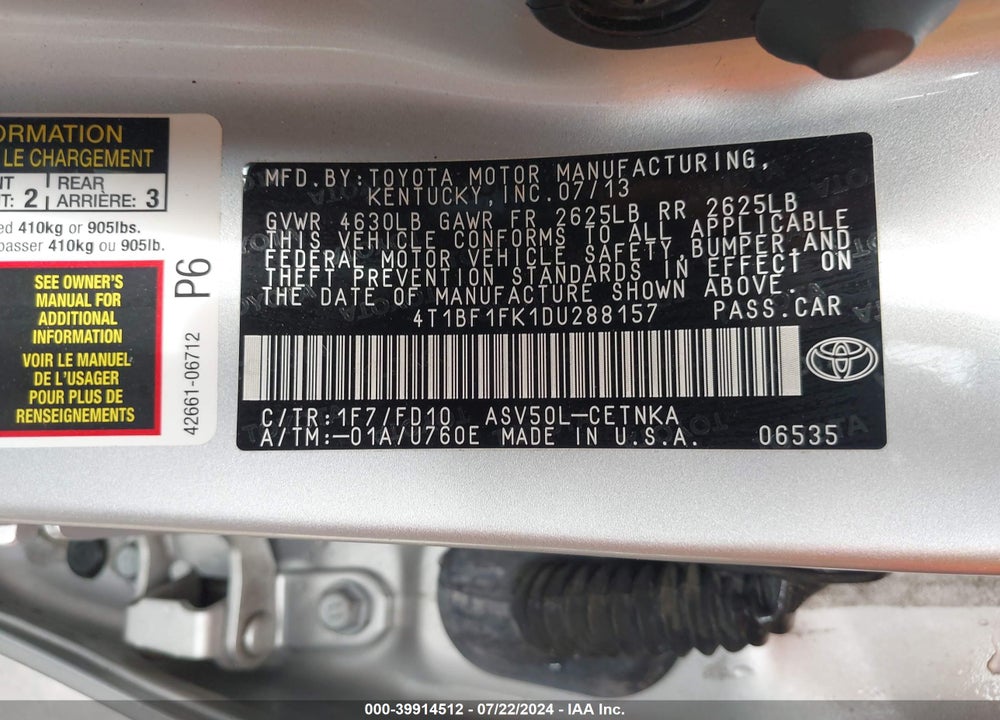 2013 TOYOTA CAMRY LE VIN: 4T1BF1FK1DU288157