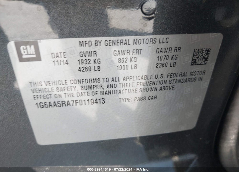 2015 CADILLAC ATS STANDARD VIN: 1G6AA5RA7F0119413
