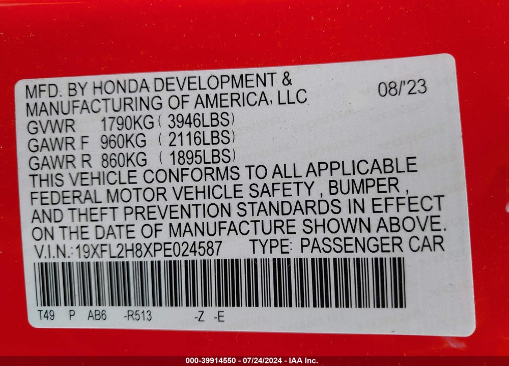 2023 HONDA CIVIC SPORT VIN: 19XFL2H8XPE024587