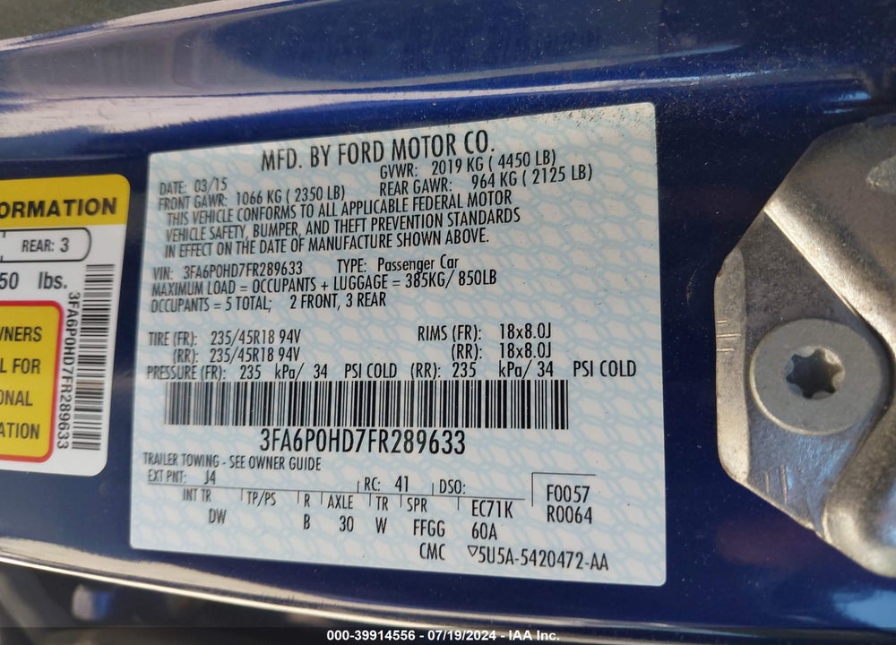 2015 FORD FUSION SE VIN: 3FA6P0HD7FR289633
