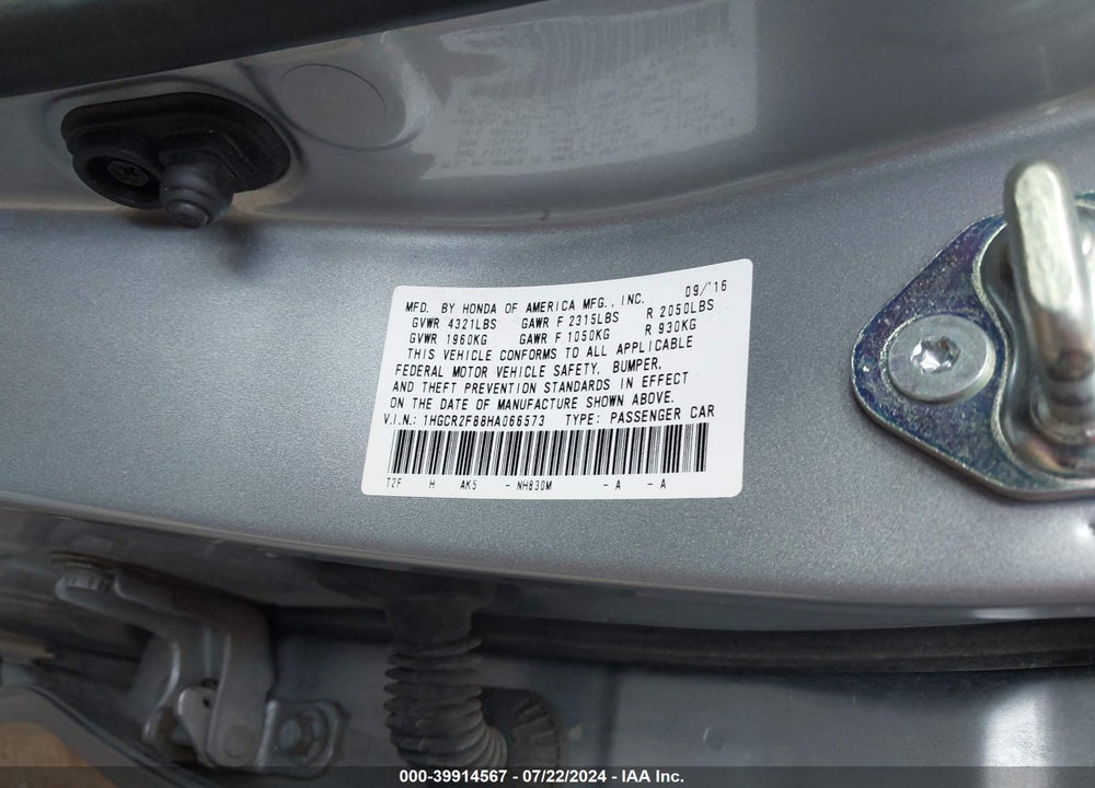 2017 HONDA ACCORD EX-L VIN: 1HGCR2F88HA066573