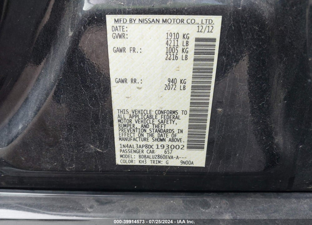 2013 NISSAN ALTIMA 2.5 SV VIN: 1N4AL3AP8DC193002
