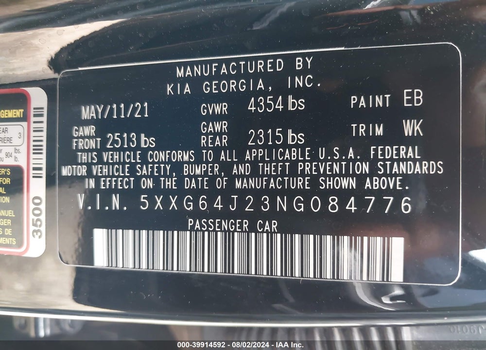2022 KIA K5 VIN: 5XXG64J23NG084776