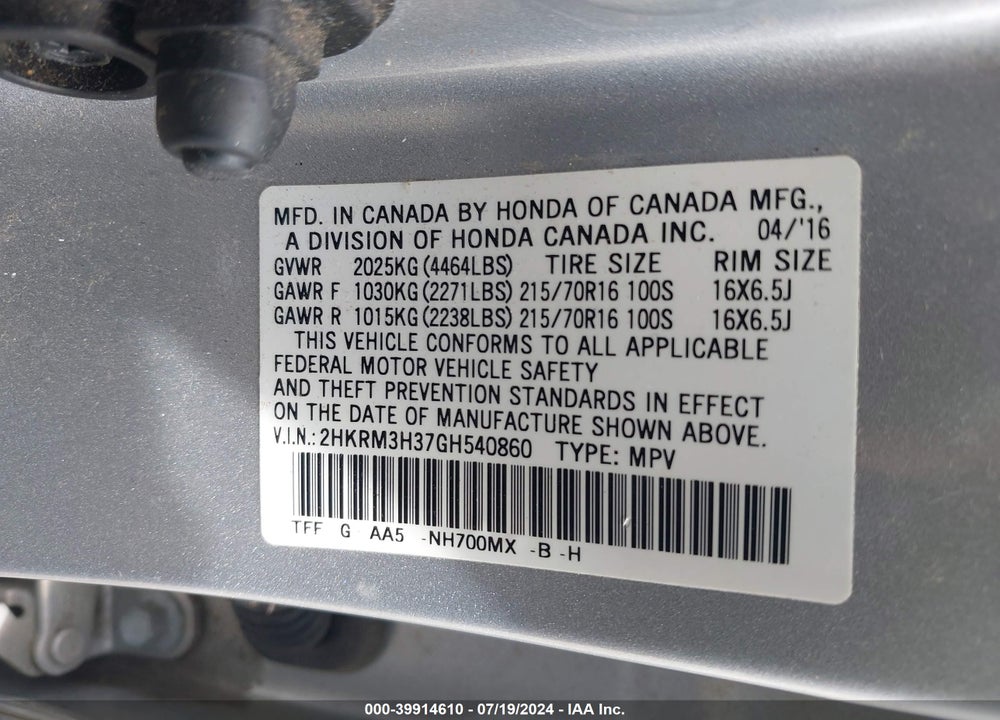 2016 HONDA CR-V LX VIN: 2HKRM3H37GH540860