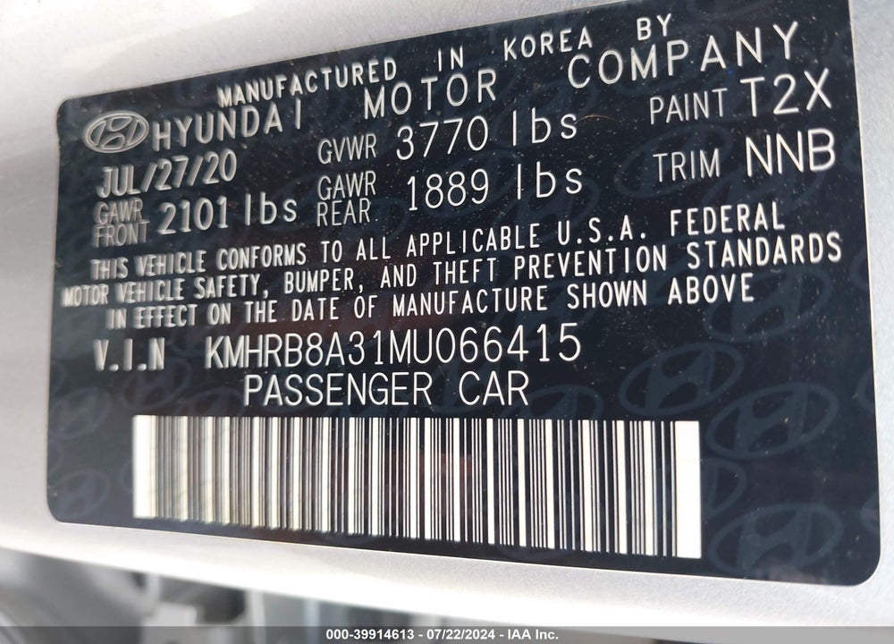 2021 HYUNDAI VENUE SE VIN: KMHRB8A31MU066415
