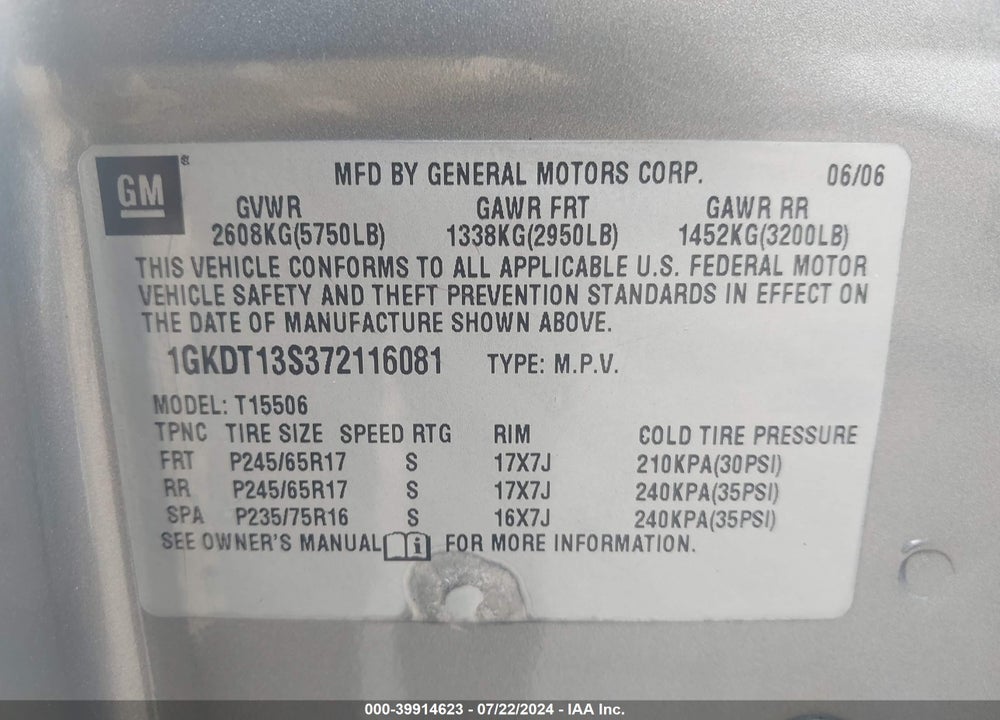 2007 GMC ENVOY SLE VIN: 1GKDT13S372116081