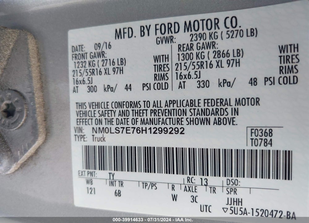2017 FORD TRANSIT CONNECT XL VIN: NM0LS7E76H1299292