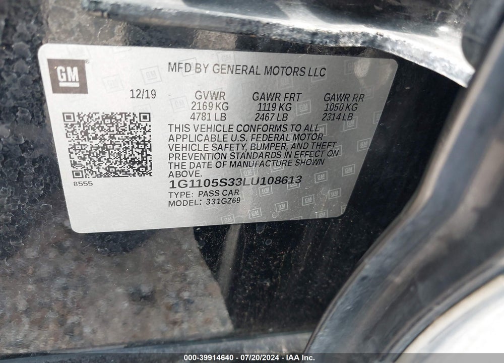 2020 CHEVROLET IMPALA FWD PREMIER VIN: 1G1105S33LU108613