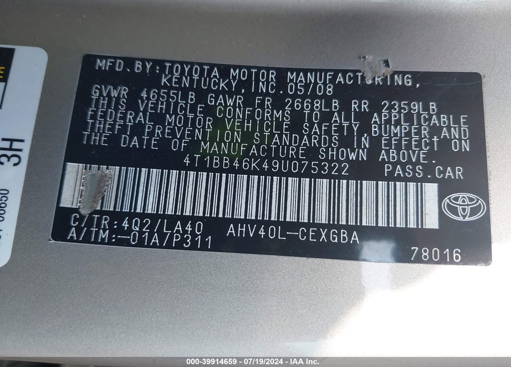 2009 TOYOTA CAMRY HYBRID VIN: 4T1BB46K49U075322
