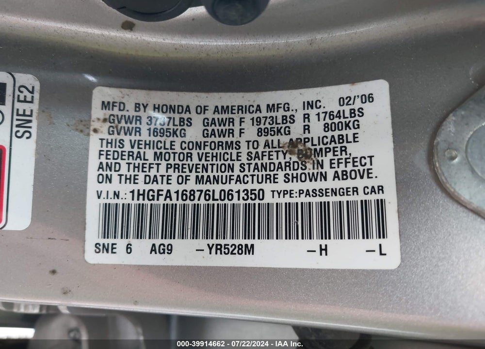 2006 HONDA CIVIC EX VIN: 1HGFA16876L061350