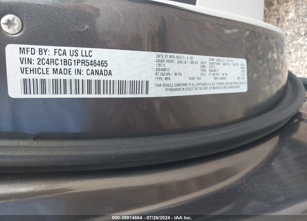 2023 CHRYSLER PACIFICA TOURING L VIN: 2C4RC1BG1PR546465
