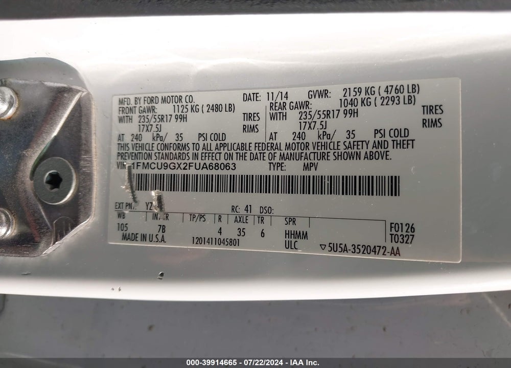 2015 FORD ESCAPE SE VIN: 1FMCU9GX2FUA68063