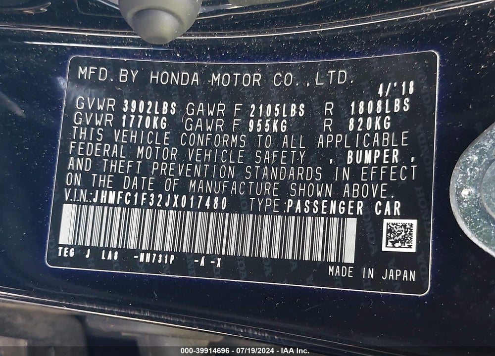 2018 HONDA CIVIC EX-T VIN: JHMFC1F32JX017480