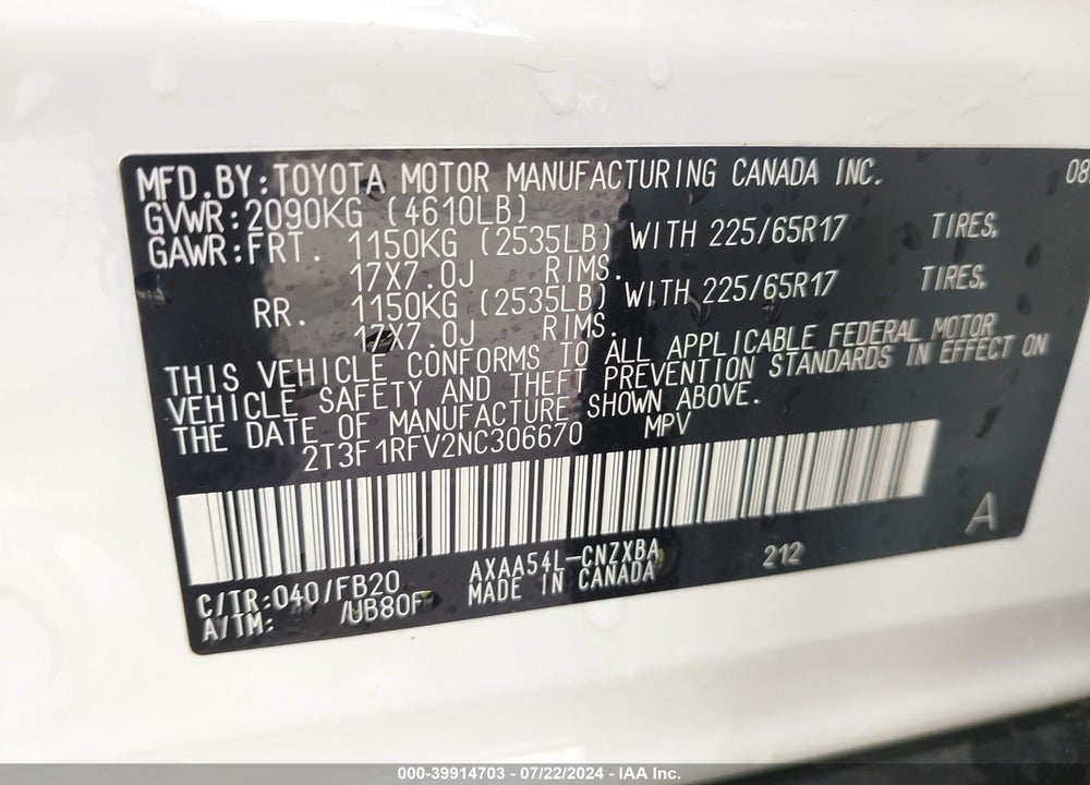 2022 TOYOTA RAV4 LE VIN: 2T3F1RFV2NC306670