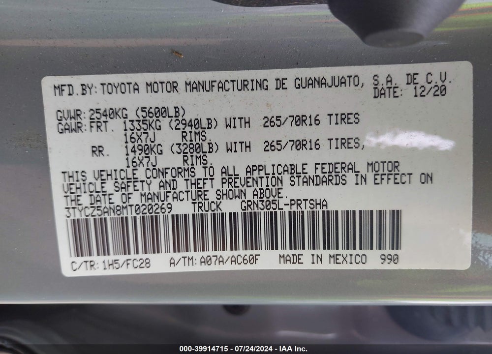 2021 TOYOTA TACOMA SR5 V6 VIN: 3TYCZ5AN8MT020269