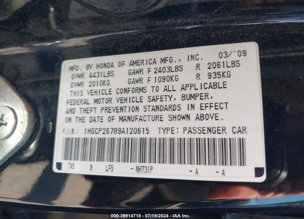 2009 HONDA ACCORD 2.4 EX VIN: 1HGCP26789A120615