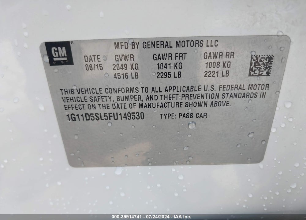 2015 CHEVROLET MALIBU 2LT VIN: 1G11D5SL5FU149530