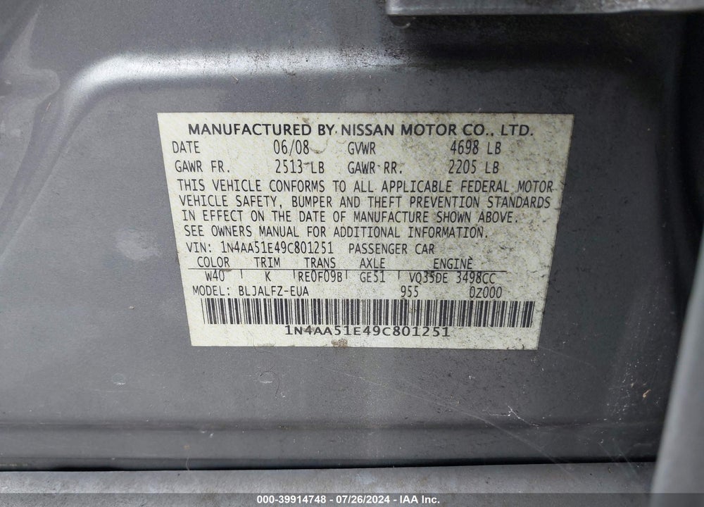 2009 NISSAN MAXIMA 3.5 SV VIN: 1N4AA51E49C801251