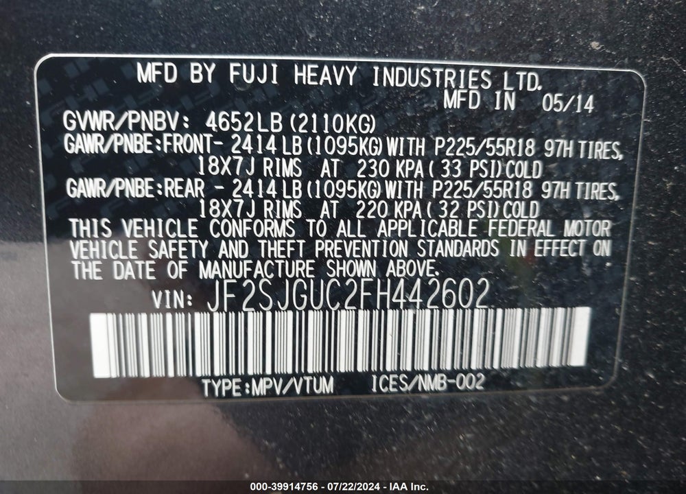 2015 SUBARU FORESTER 2.0XT TOURING VIN: JF2SJGUC2FH442602