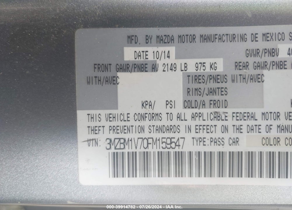 2015 MAZDA 3 I TOURING VIN: 3MZBM1V70FM159547