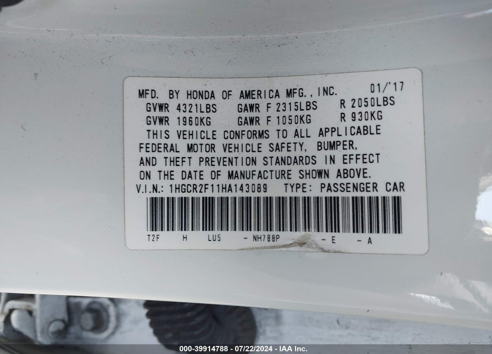 2017 HONDA ACCORD VIN: 1HGCR2F11HA143089