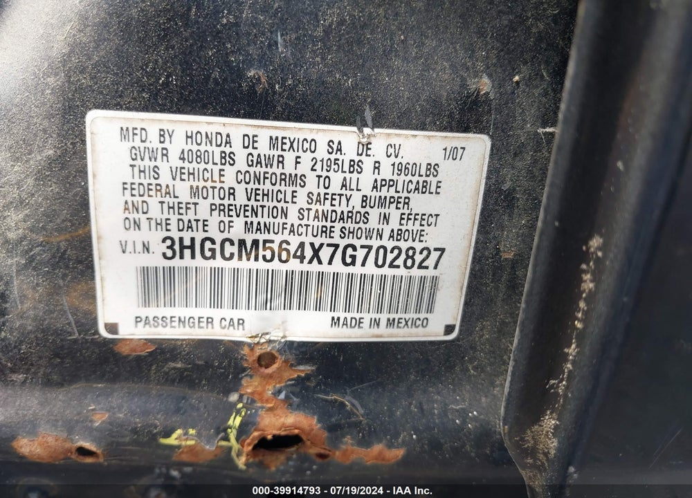 2007 HONDA ACCORD 2.4 LX VIN: 3HGCM564X7G702827