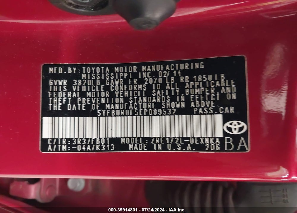 2014 TOYOTA COROLLA LE VIN: 5YFBURHE5EP089532