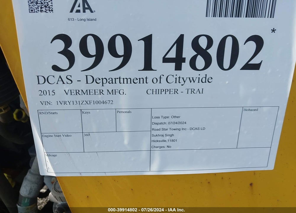 2015 VERMEER MFG. CO. --- VIN: 1VRY131ZXF1004672