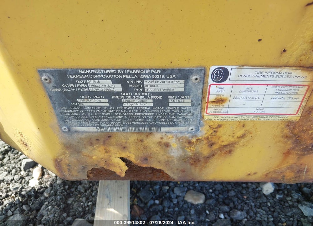 2015 VERMEER MFG. CO. --- VIN: 1VRY131ZXF1004672