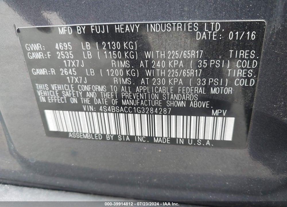 2016 SUBARU OUTBACK 2.5I PREMIUM VIN: 4S4BSACC1G3284287