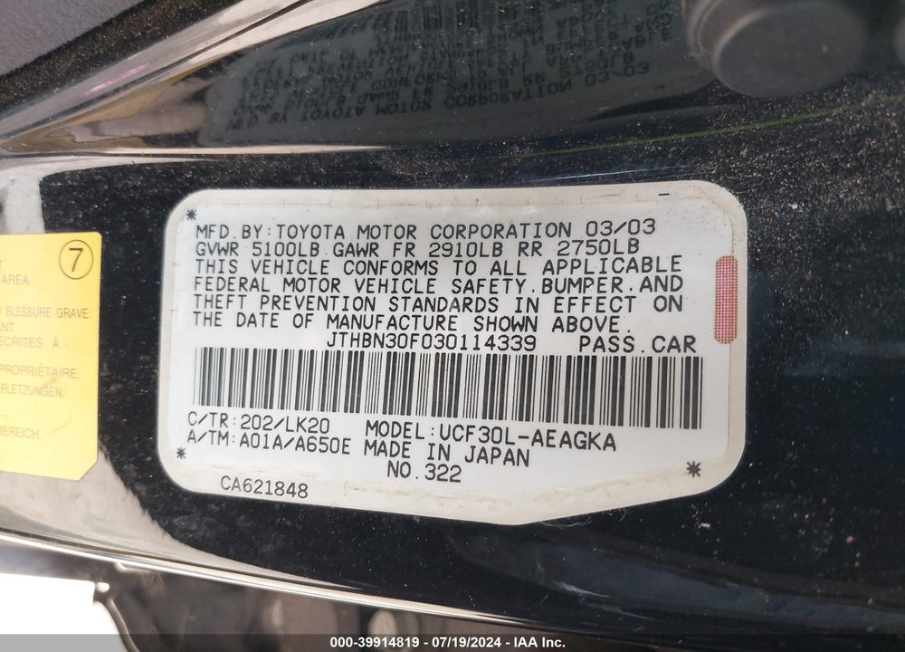 2003 LEXUS LS 430 VIN: JTHBN30F030114339