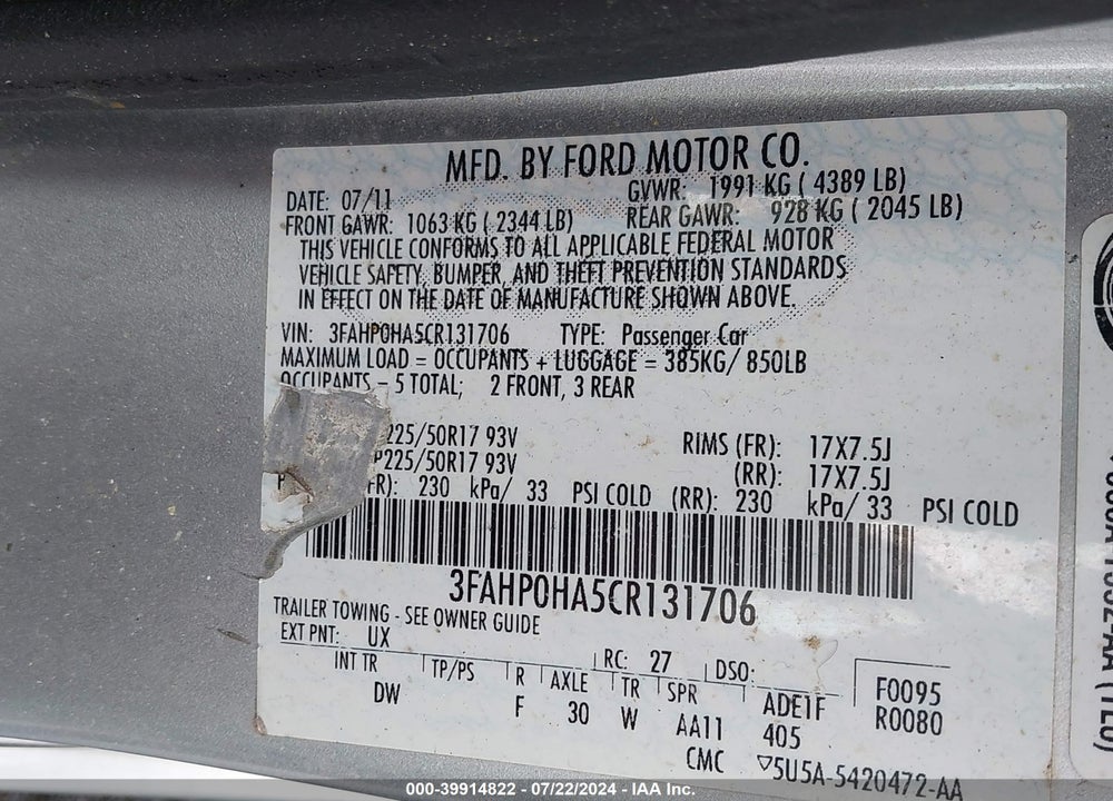 2012 FORD FUSION SE VIN: 3FAHP0HA5CR131706