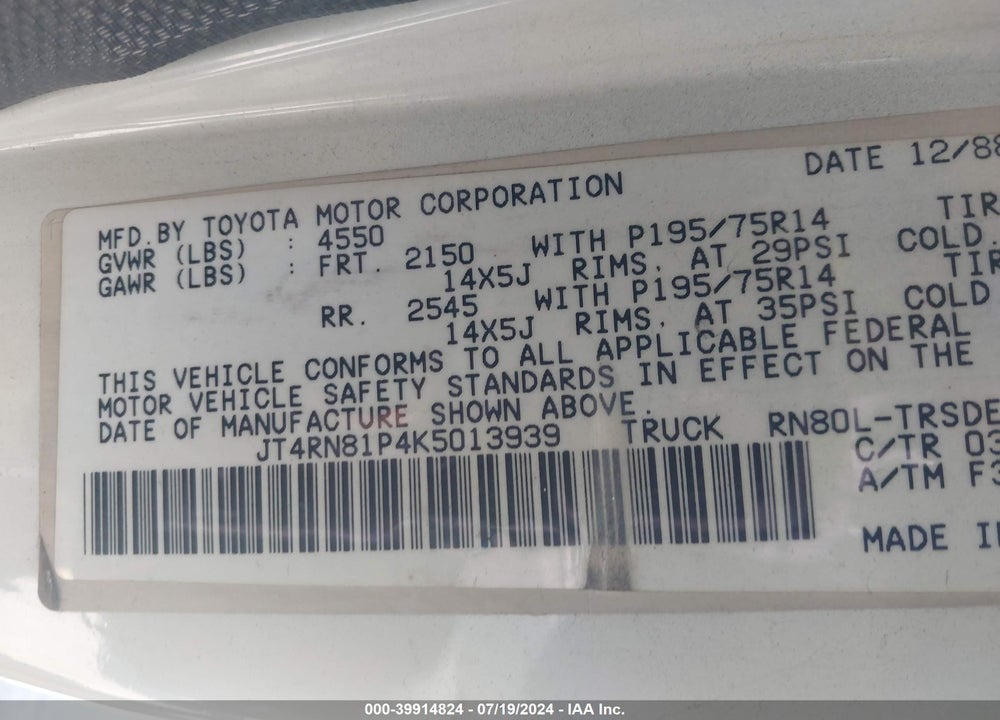 1989 TOYOTA PICKUP 1/2 TON SHT WHEELBASE DLX VIN: JT4RN81P4K5013939