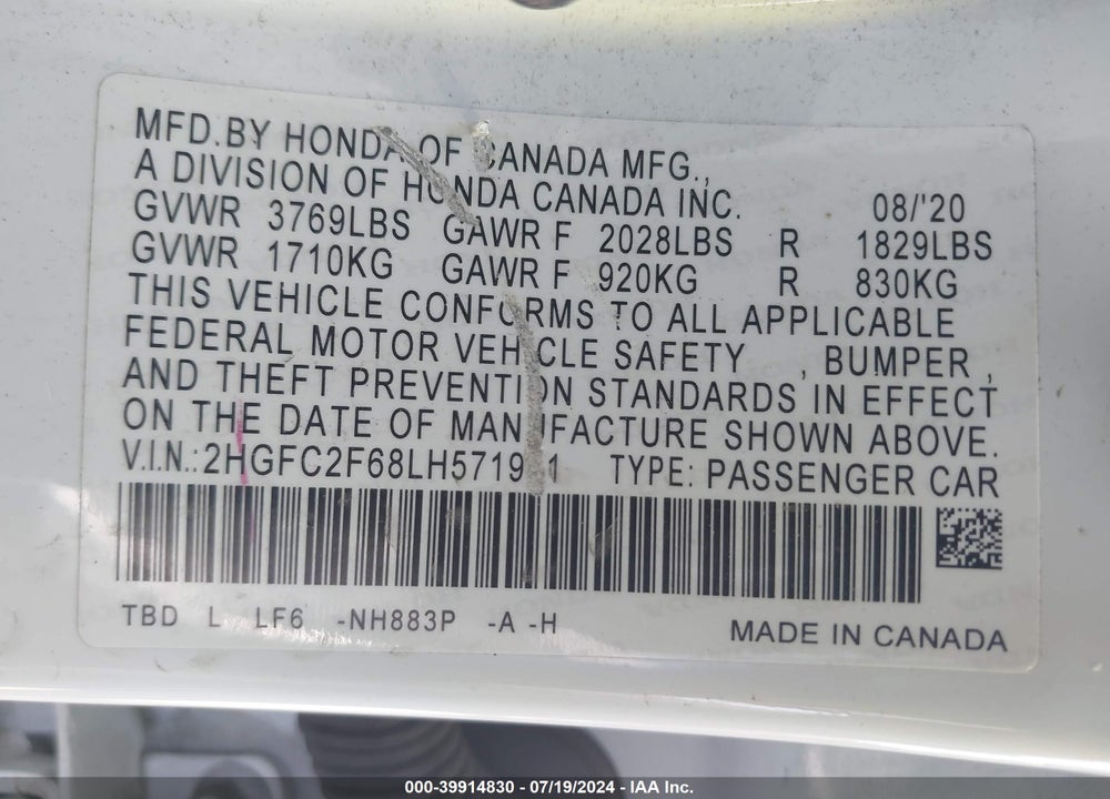 2020 HONDA CIVIC LX VIN: 2HGFC2F68LH571911