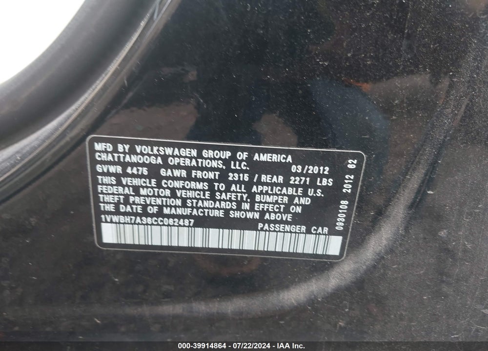 2012 VOLKSWAGEN PASSAT 2.5L SE VIN: 1VWBH7A36CC062487