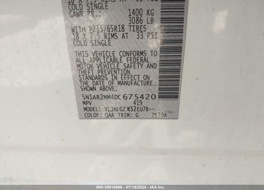 2013 NISSAN PATHFINDER SL VIN: 5N1AR2MM4DC675420