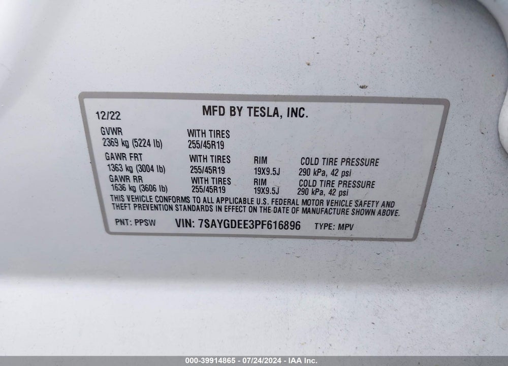 2023 TESLA MODEL Y AWD/LONG RANGE DUAL MOTOR ALL-WHEEL DRIVE VIN: 7SAYGDEE3PF616896